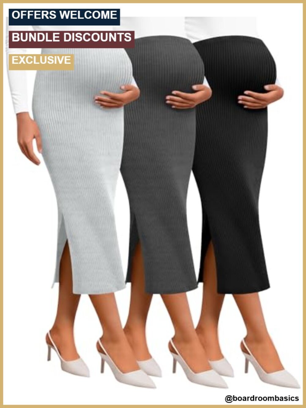 Ribbed Knit Maternity Pencil Skirt 3 Pack Split Hem Adjustable Waist